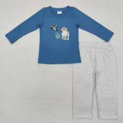 new rts infant boys fall suit wholesale boutique embroidered duck puppy long sleeve trousers plaid pants winter clothing