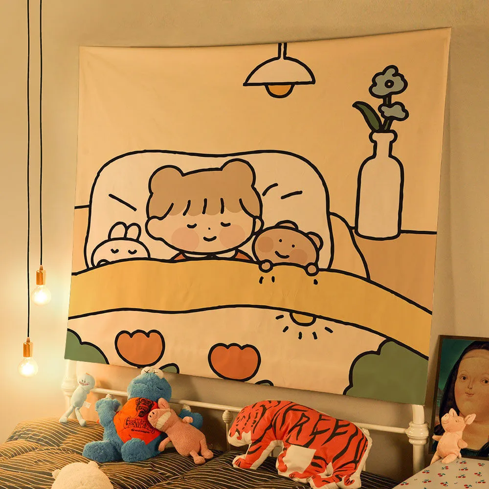 1pc Warm Aesthetic Cartoon Tapestry, Kawaii Bedtime Print, Cool Room Stuff, Large Size, Polyester 2D Wall Art, Bedroom Stuff, Co