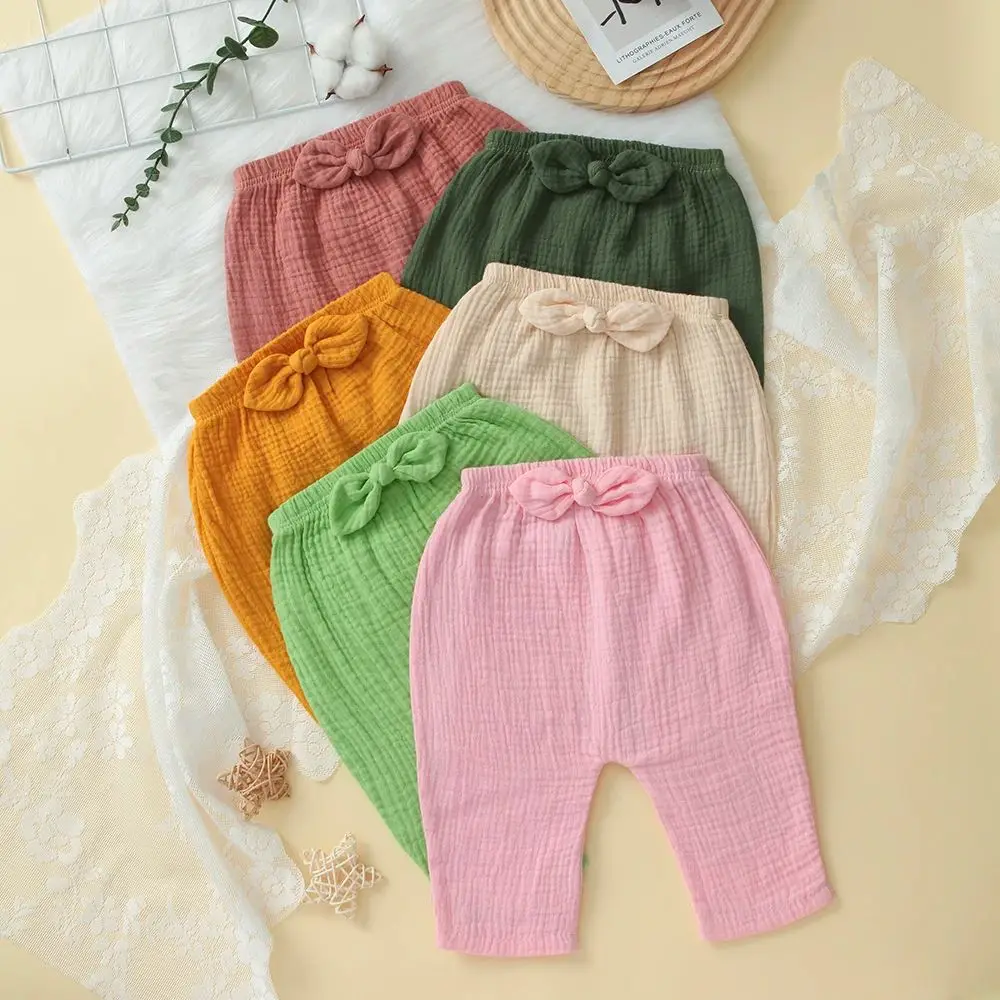 

6 Pack Loose Pull-on Baby Pants, Soft Cotton Infants Leggings for Boys and Girls, Cute Bow Design & Solid