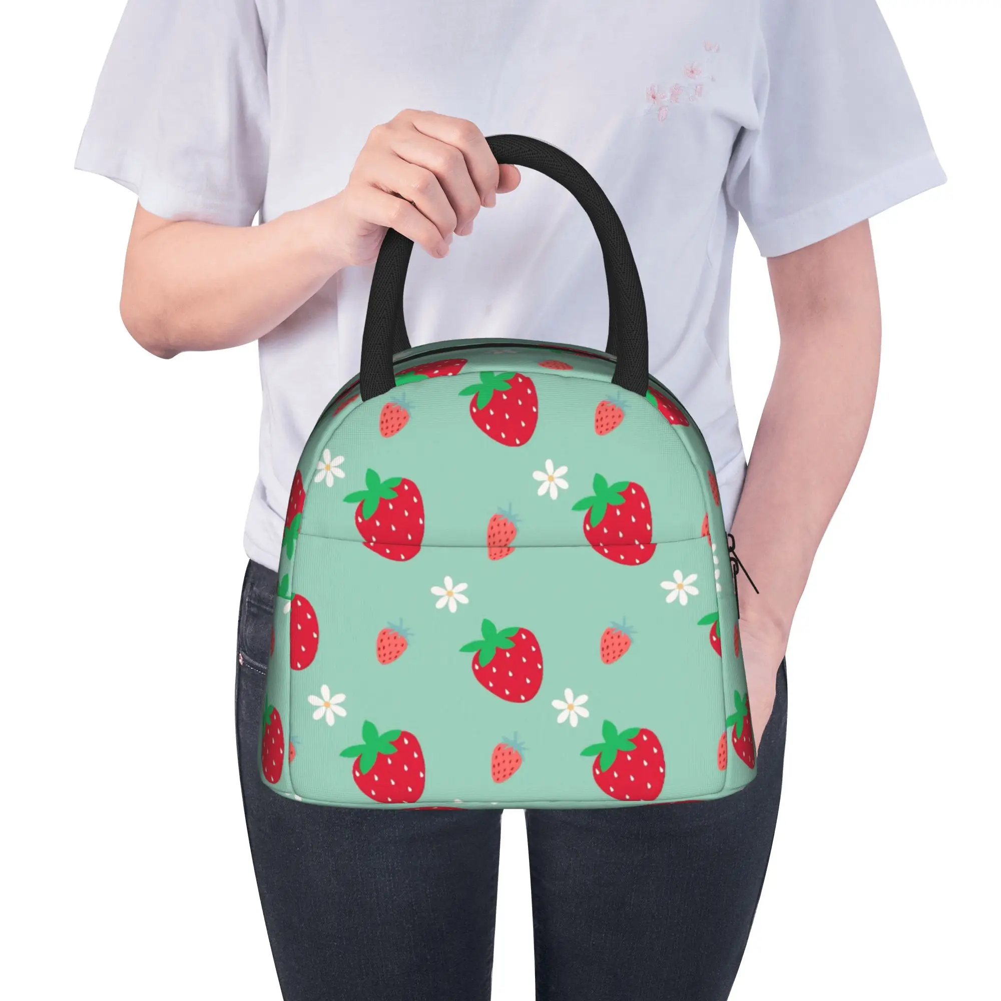 Pink Strawberry Cute Floral Handheld Thermal Cooler Bag Cartoon Reusable Insulated Lunch Bags Causal Storage Box For Picnic view 5