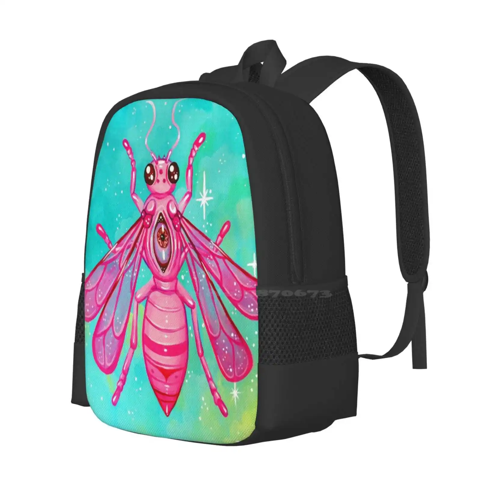 Pink Bee - Acrylic Painting Hot Sale Schoolbag Backpack Fashion Bags Bee Bugs Insects Wings Entomology Colorful Pink Blue Green