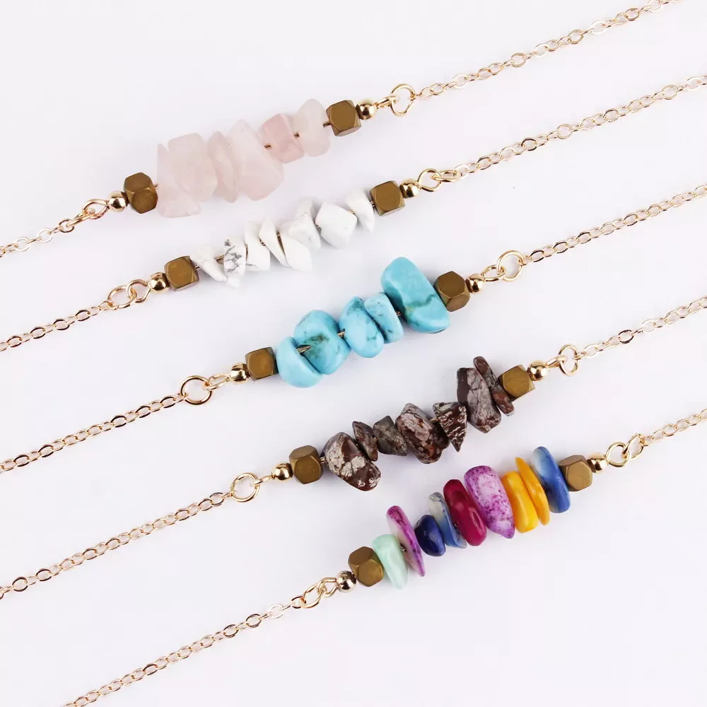Cadena de eslabones corta chapada en oro de 14 quilates para mujer, Collar de gargantilla de barra de cuentas de piedra natural, joyería delicada, regalos