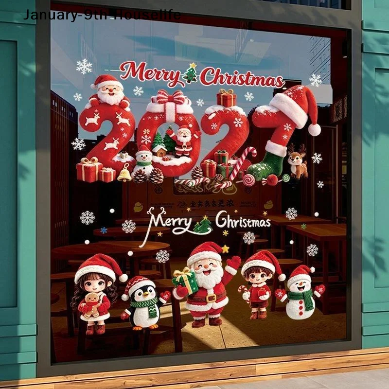 2027 Christmas Window Clings Cute Santa Snowman Pattern Removable Adhesive For Home Store Restaurant Holiday Decor
