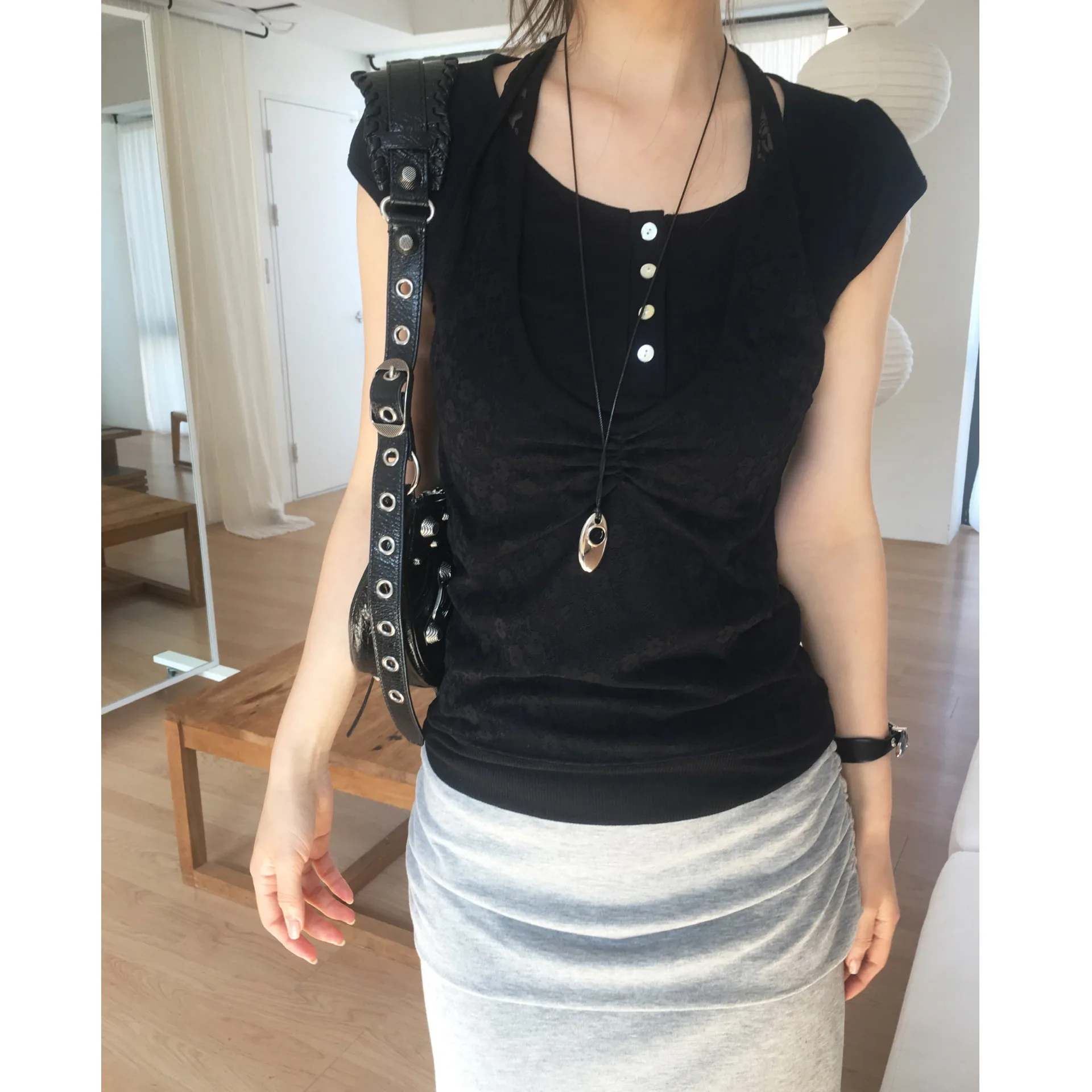 Korean Ins Summer Design Layered Short Sleeve T-Shirt Lace Splice Neck Hanging False Two-Piece Striped Polyester Fiber Tee