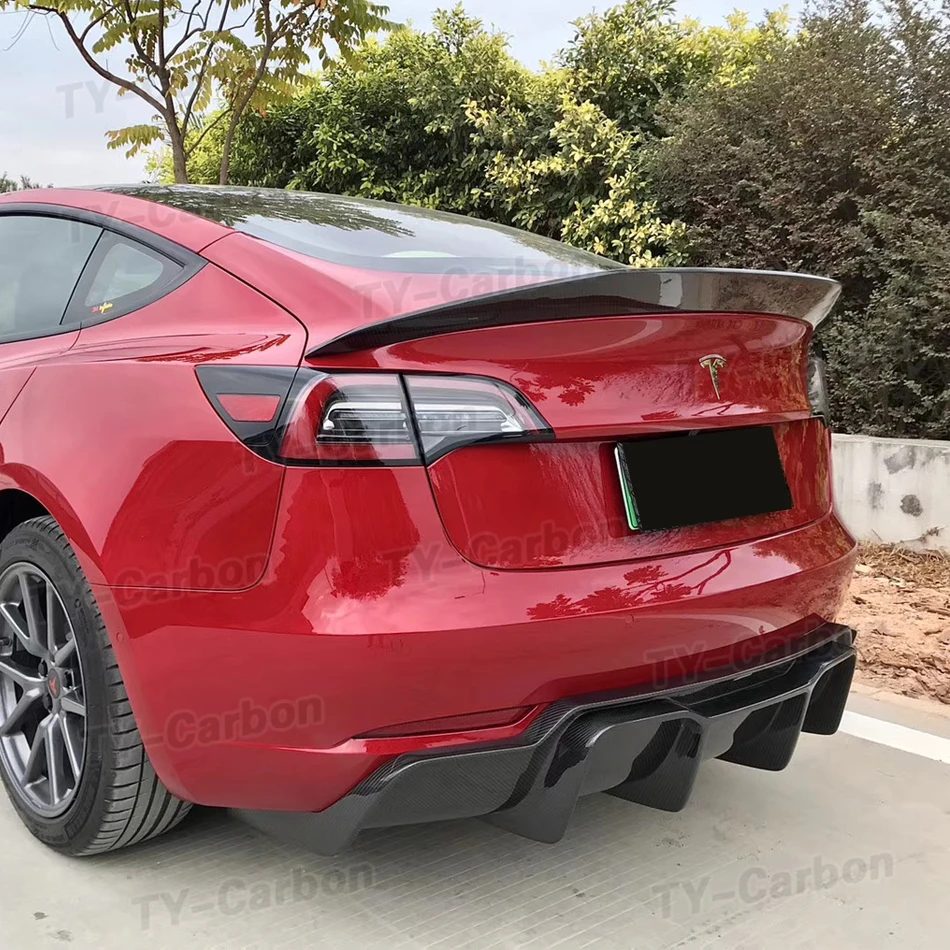 Real Carbon Fiber Bright Black Rear Bumper Diffuser Spoiler Chin For Tesla Model 3 Rear Lip Diffuser Protector 2016-2021