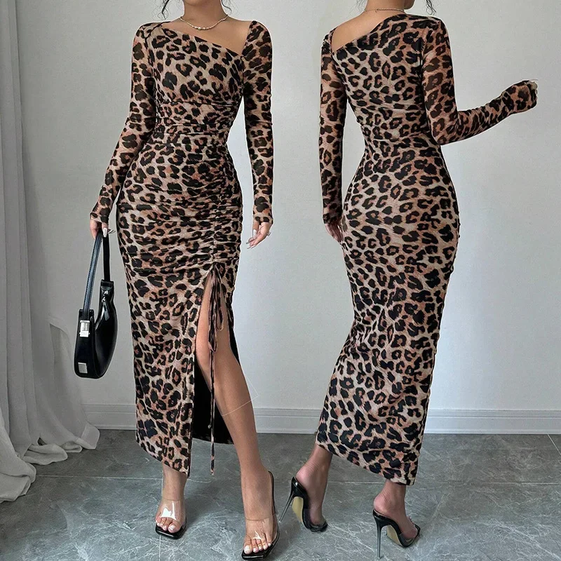 

Платье с леопардовым принтом 2026, осень-зима, сексуальное облегающее платье-бодикон, для стильных девушек, с длинным рукавом, для ношения под одеждой