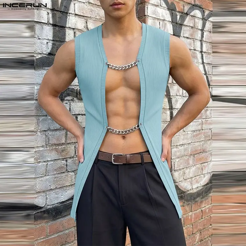 INCERUN Men's Tank Tops Solid Open Stitch Summer Male Vests Cardigan Streetwear 2026 Sleeveless Sexy Fashion Tops Men Clothes