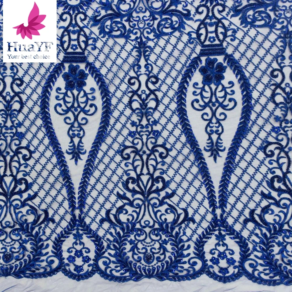 High Density Royal Blue Embroidery Beads Design Luxury Evening Dress Sequin Lace Fabric 5 Yards HY1442