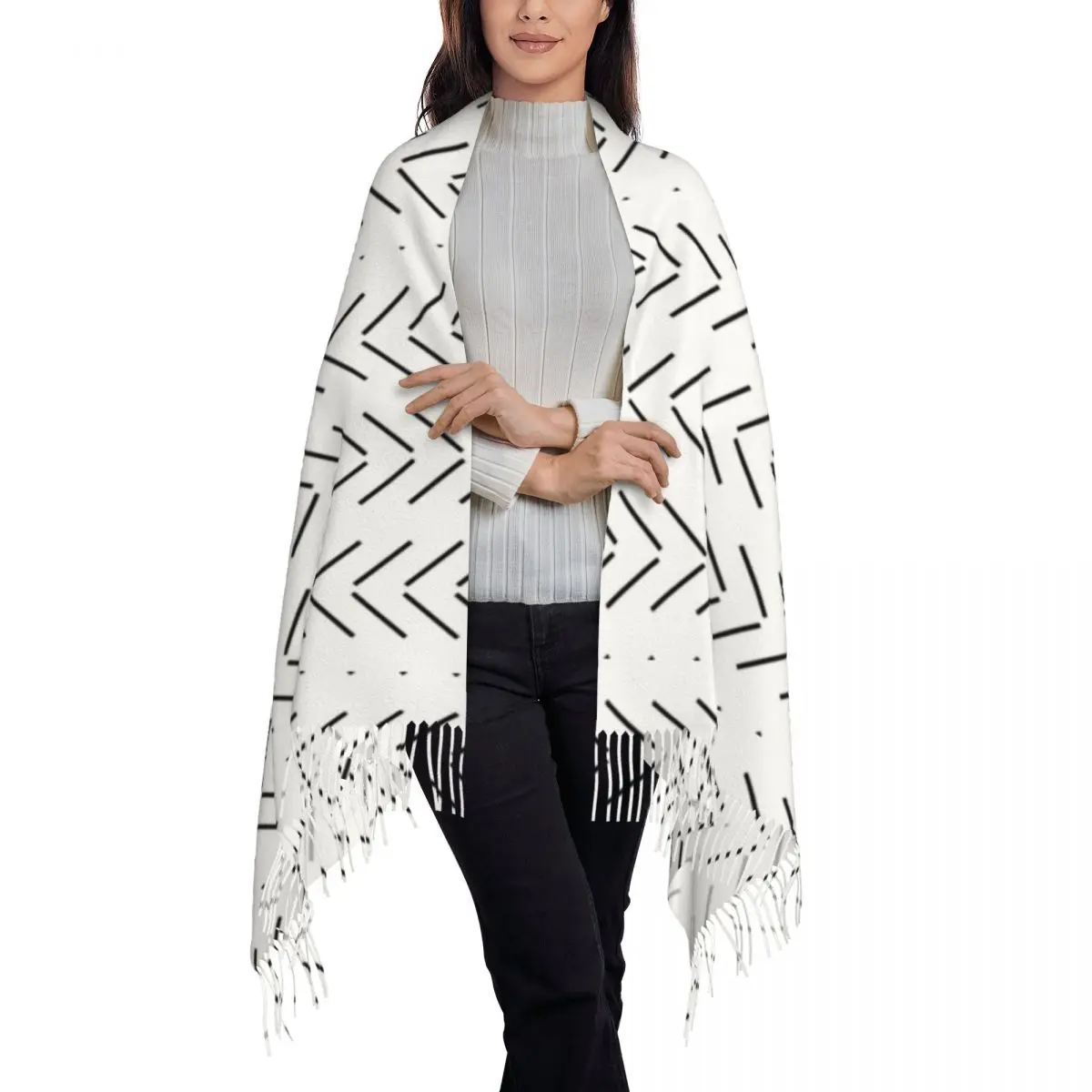 African Mud Cloth Arrows Scarf Tassel Scarves Women Soft Warm Shawls and Wraps Long Fall Winter Shawl Wrap