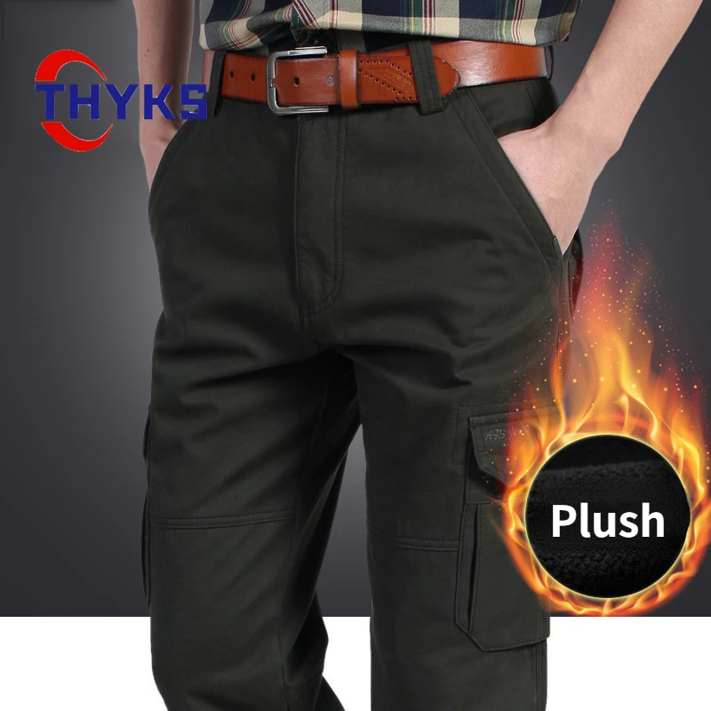 Outdoor Hiking Pants Men Plush Insulation Casual Large Size Multi Pocket Comfortable Trouser Solid Color Loose Workwear Britches