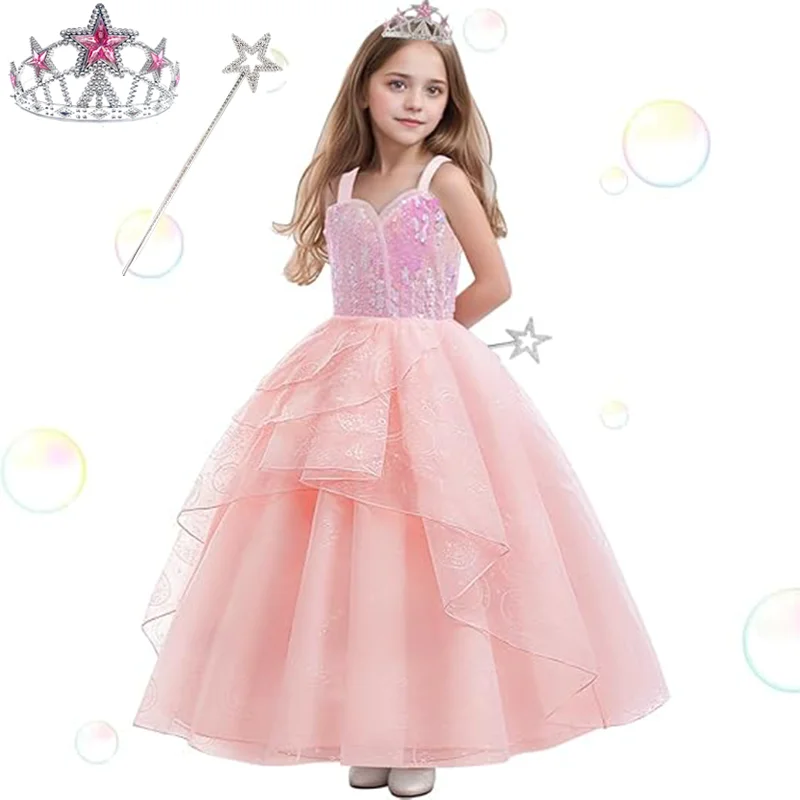 3PCS Girls Wicked Cosplay Costume Pink Wedding Princess Evening Dress+Crown+Wand Kids Glinda Carnival Halloween Birthday Party