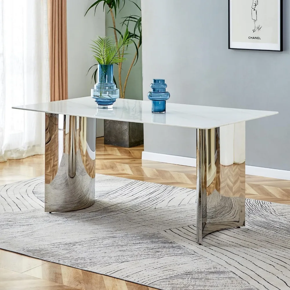 

Modern Dining Table for 6,Marble Dining Table with 0.39-Inch Thick Glass Tabletop and Chrome-Plated Stainless Steel Base,White L