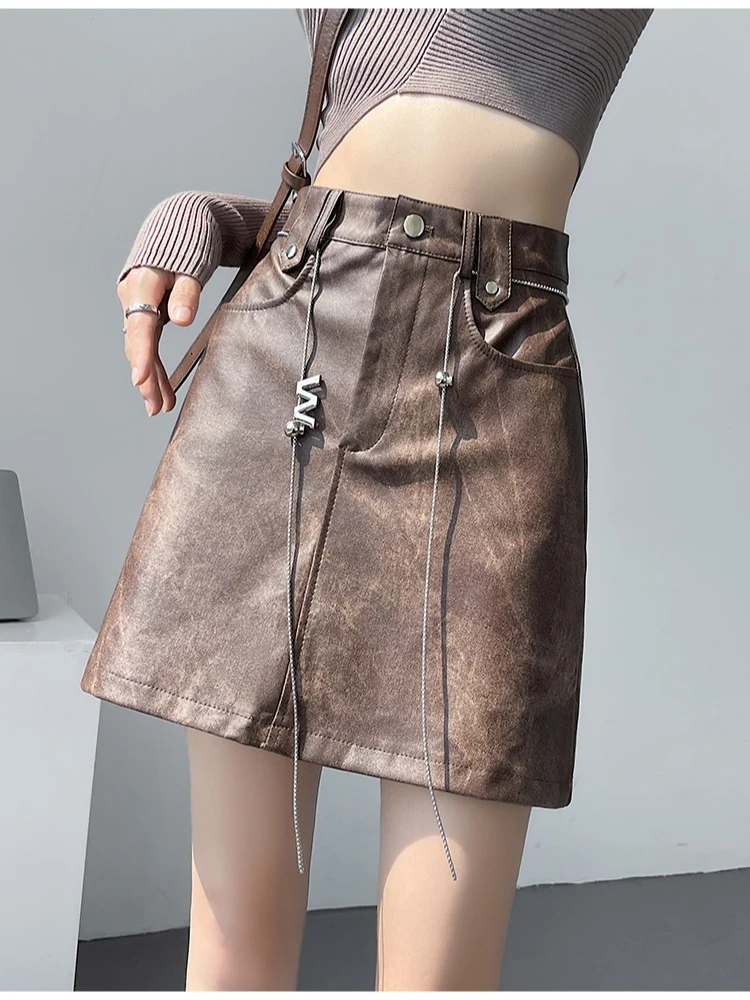 

Coffee PU Leather Midi Skirt for Women Autumn Cool Motorcyle Punk Style A-line Short Skirt Tassels Distress Vintge Mini Skirt