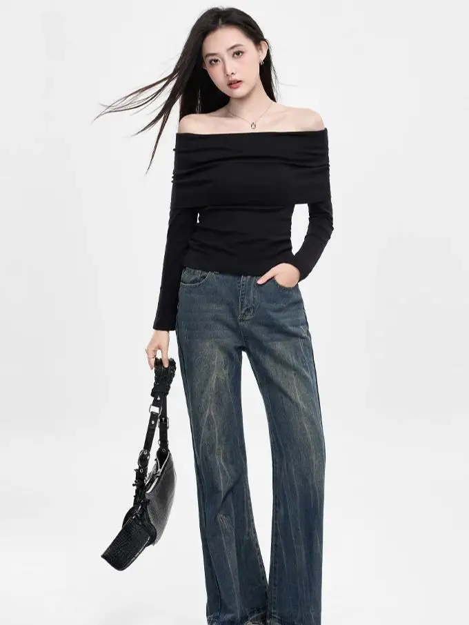 One-shoulder Black Strapless Bottom Women Autumn Long Sleeve Knitted Thread Slim Slim Top Simple Sexy