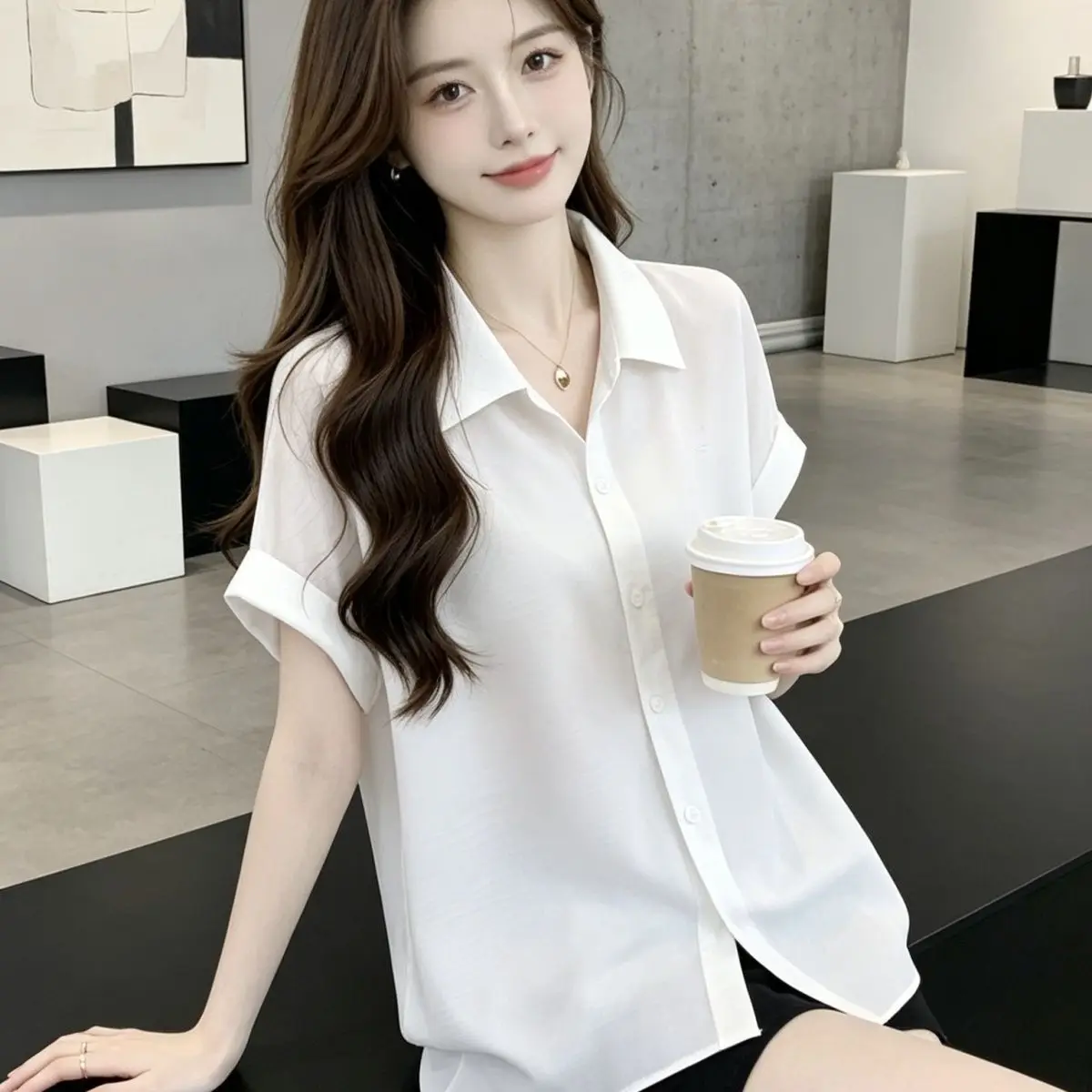 Summer 2026 New Style Loose Thin Short Sleeve Chiffon Shirt Belly Cover Fashionable Casual Women's Top round Neck Easy Care