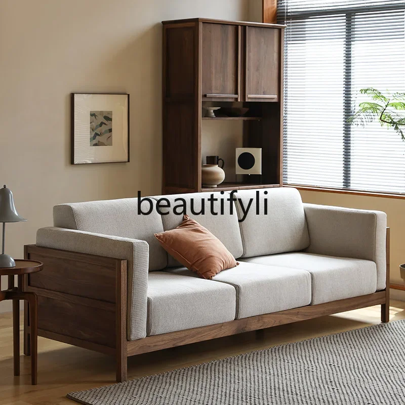 

North American black walnut solid wood sofa living room log style Nordic small apartment fabric7446