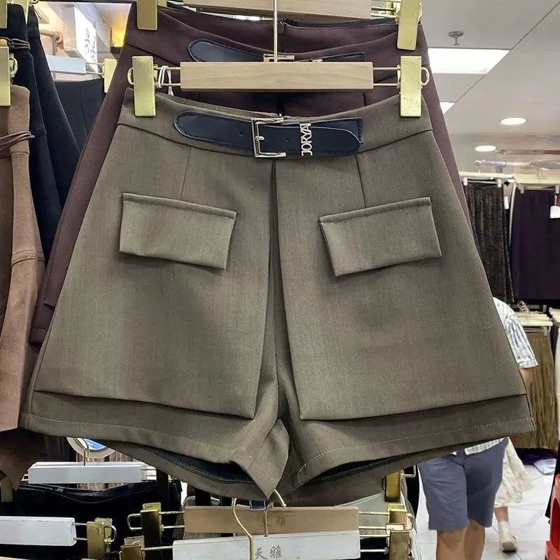 Pantaloni da donna con temperamento patchwork tinta unita a vita alta a gamba larga Pantaloni da donna con pantaloncini slim tascabili alla moda estiva