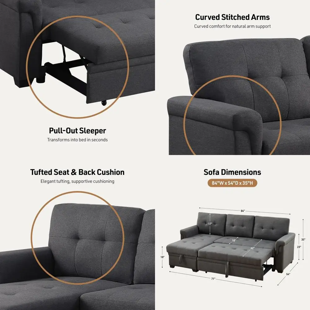 84 L-Shaped Sectional Sleeper Sofa with Storage Chaise and Removable Cushions in Linen Fabric, Light Gray