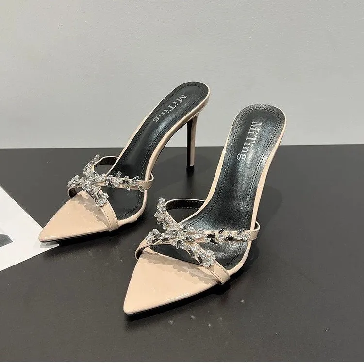

Women's Rhinestone Bow Pointed Toe High Heel Sandals Open Toe Stiletto Slide Mules for Party Wedding Dressy Shoes Black White