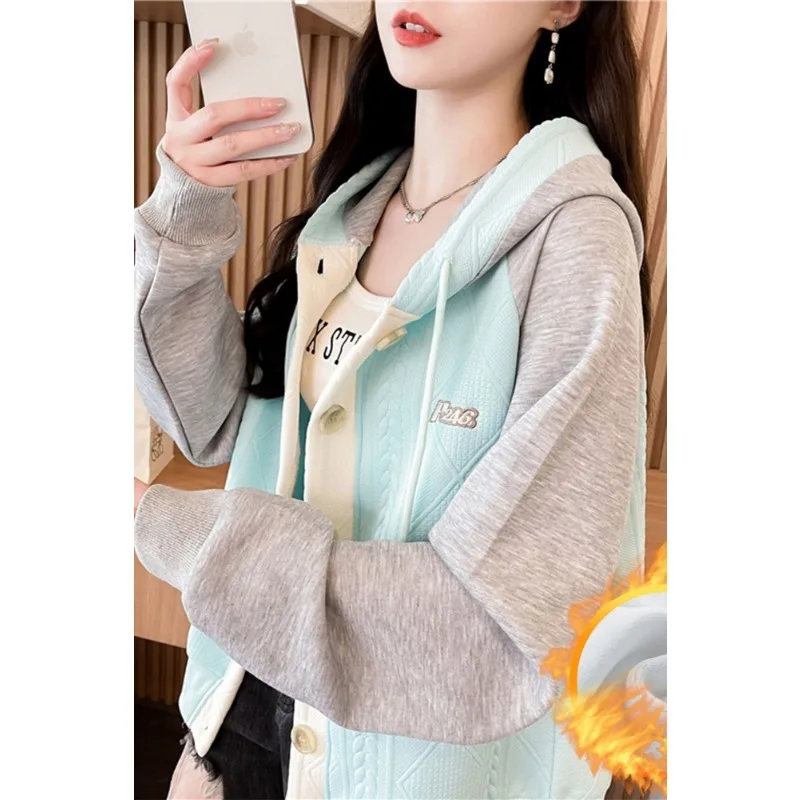 Sudadera de terciopelo grueso para mujer en otoño invierno nuevo estilo cárdigan suelto con cremallera con capucha Top versátil adelgazante