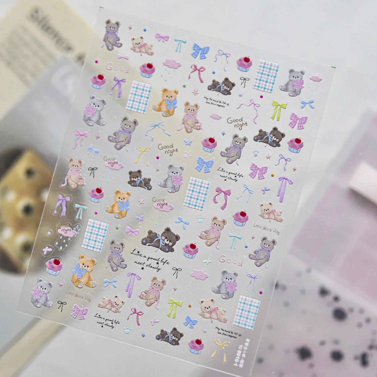 Kawaii 5D Light Color Cartoon Bear Nail Art Stickers Bow Cake Plaid Cloud Self‑Adhesive Nail Decals DIY Nail Decor Accessories