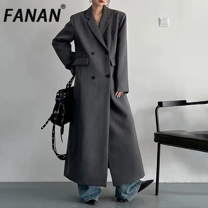 

FANAN повседневный длинный блейзер с пряжкой, женский новый свободный пиджак с лацканами и длинными рукавами, модные женские пальто, весна-осень 2025
