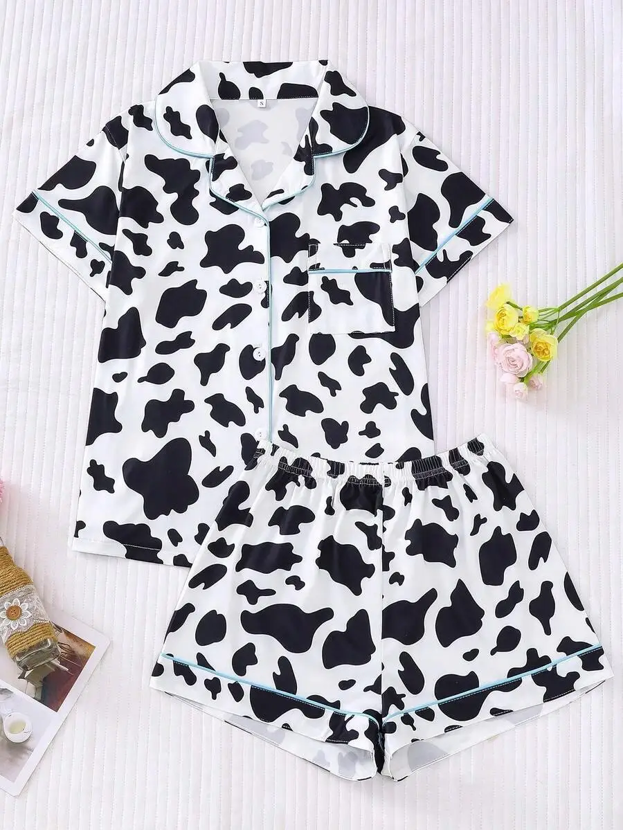 Cow Print Womens Pajama Set: Short Sleeve Button-Up Top With Pocket And Elastic Waist Shorts For Sleep Or Lounging