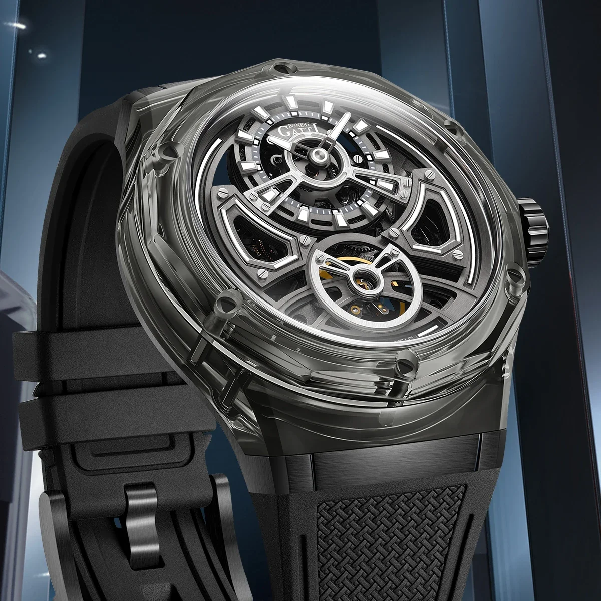 

High-quality Watch Automatic movement Mechanical Wristwatch Sapphire Luminous Hollow Out Dial Fluororubber Strap Watches For Men