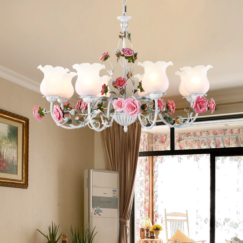 

Home Living Room Garden Chandelier Girl Room Bedroom Lamp Creative Rose Flower American Retro Iron Industrial Chandeliers