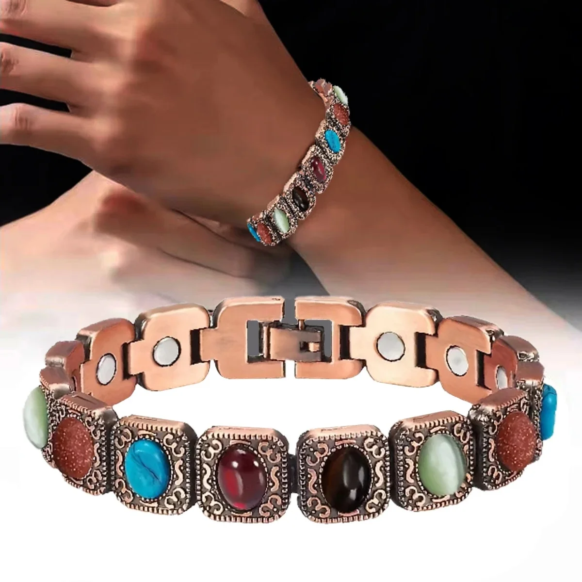 Women's Magnetic Bracelet, Colorful Stones Magnetic Bracelet for Women with Magnets Adjustable Magnet Links Bracelet