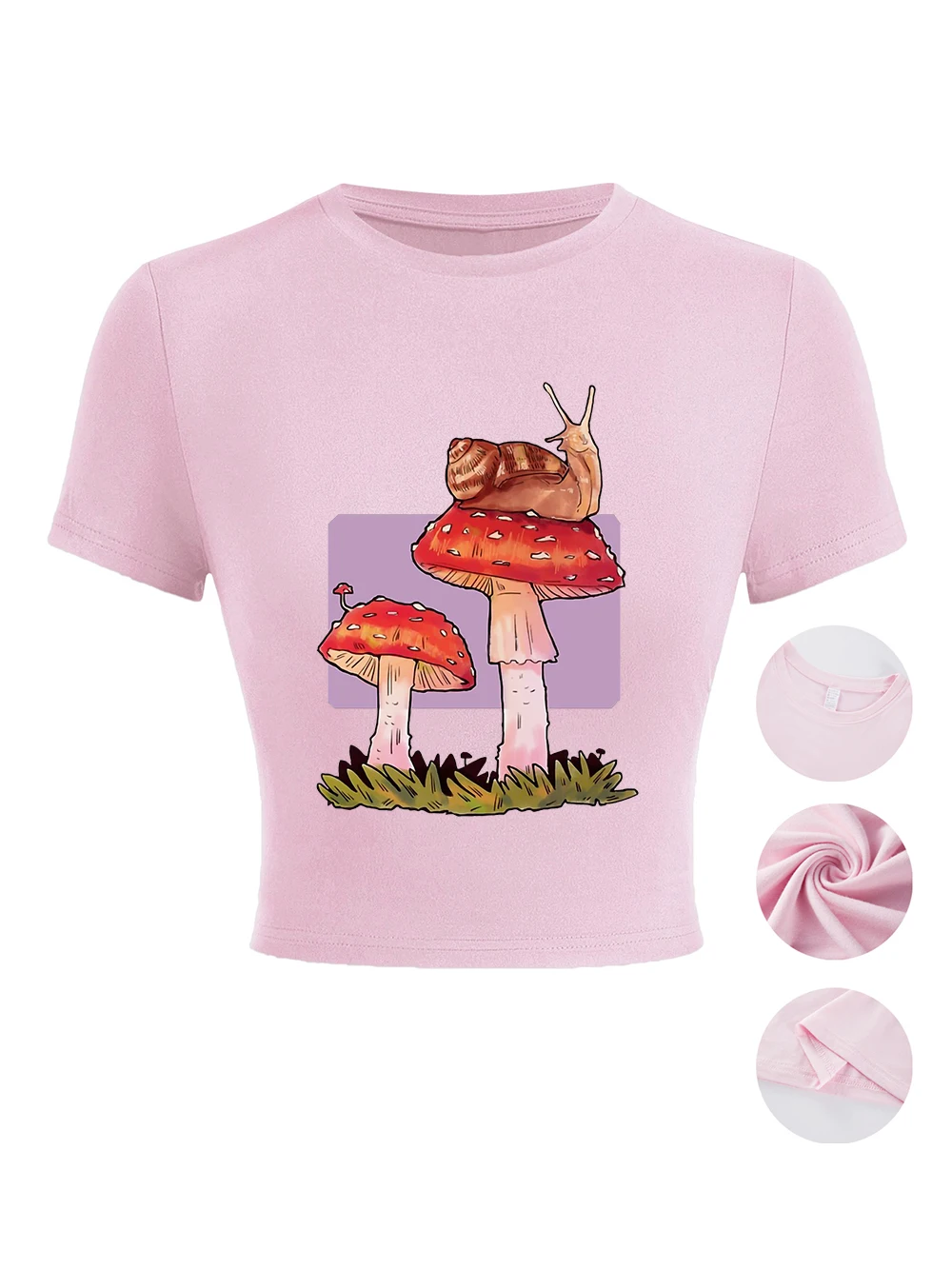 Snail Mushrooms Printing Damen-Crop-T-Shirts, Sommer, weich, hochelastisch, O-Ausschnitt, kurze Ärmel, Streetwear, sportlich, schmal geschnitten