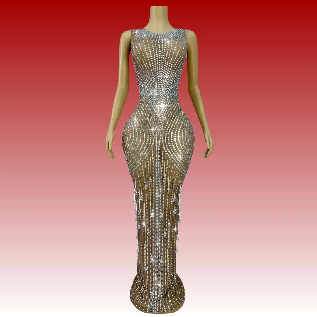 Guyawen High-end Luxurious Sparkly Crystals Pendants Outfit Mesh Dress Evening Wedding Elegant Gown Red Carpet Prom Costumes