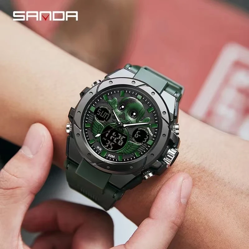 SANDA 6087 Fashion Skull Design Dial Quartz Digital Movement Soft TPU Strap Electronic Men Wrist Waterproof Sport Watch