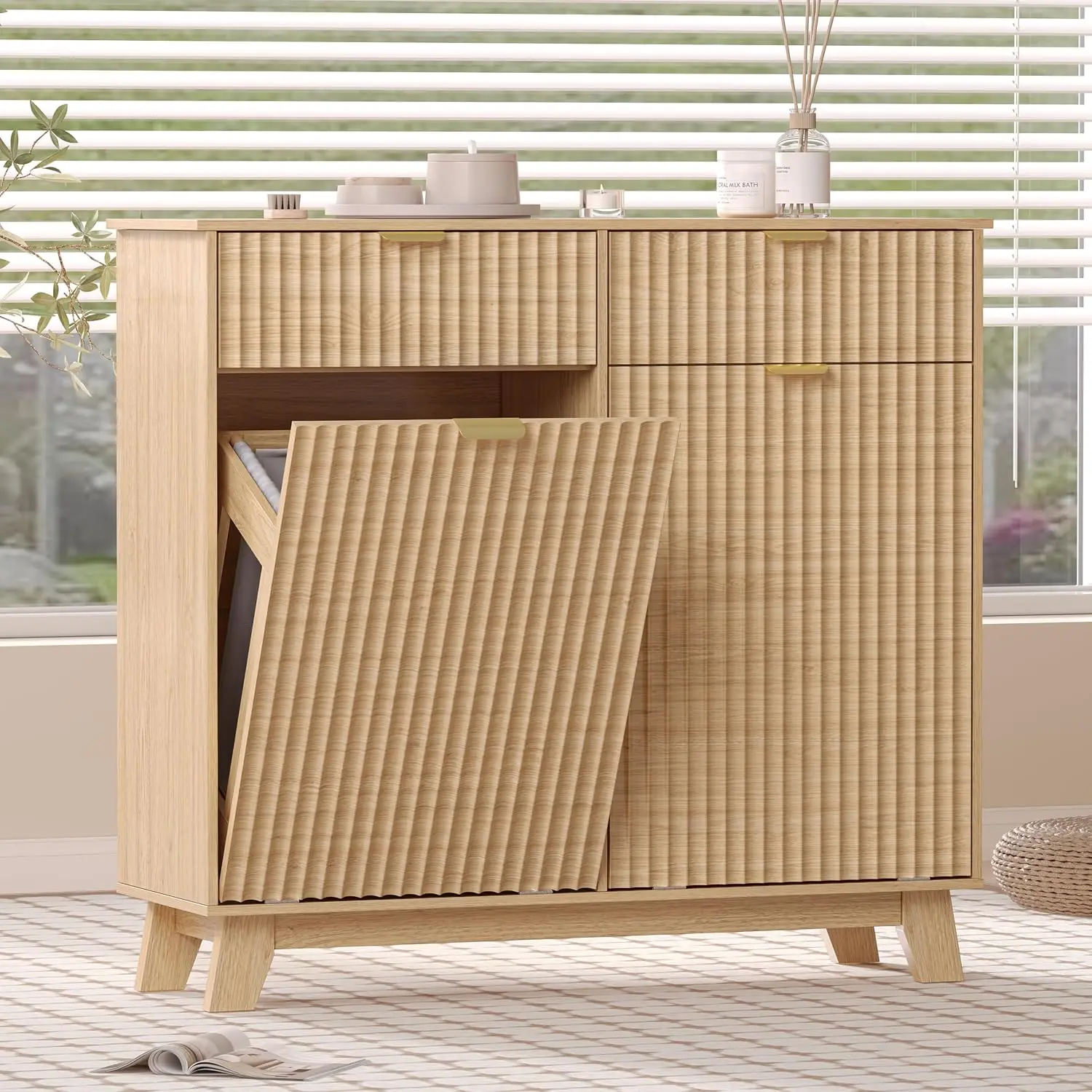 Double Tilt Out Laundry Hamper Cabinet with 2 Drawers & Baskets, 20 Gallon Fluted Hidden Trash Can Cabinet, Farmhouse Wood Laund