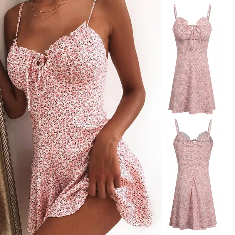 

New Womens Sexy Boho Floral Strappy Casual Mini Dress Vacation Ladies 2024 New Summer V Neck Sleeveless Holiday Beach Sundress