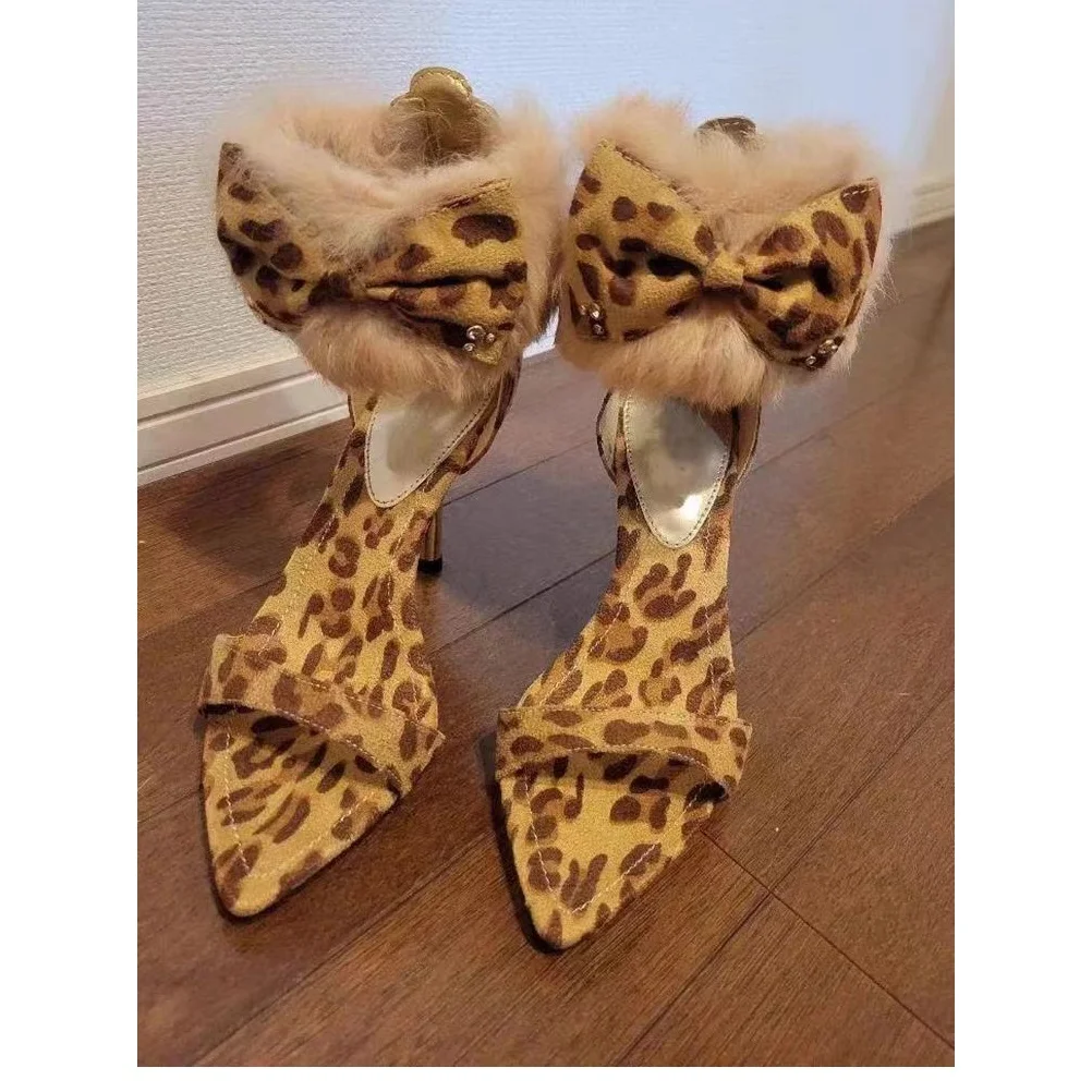 Leopard Bow Knot Fur Sandals Pointed Toe Thin High Heel Hollow Fashion Novel Sexy Woman Shoes Summer Party Zapatillas Mujer