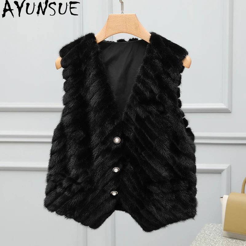

AYUNSUE Mink Fur Vests for Woman 2025 Black Vest Woman Winter Coats Korean Fashion Clothing Woman Clothes Chalecos De Mujer