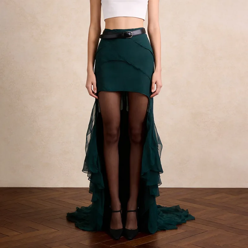 EDGLuLu New Arrival Women Dark Green High Waist Ruffle Maxi Skirt Sexy Design Asymmetric Front Short Back Long Skirt 0515
