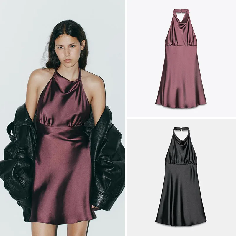 

Sexy Backless Short Silk Satin Dress New Autumn Women's Fashion Elegant Quality Dress Stage Performance Traditional Costume