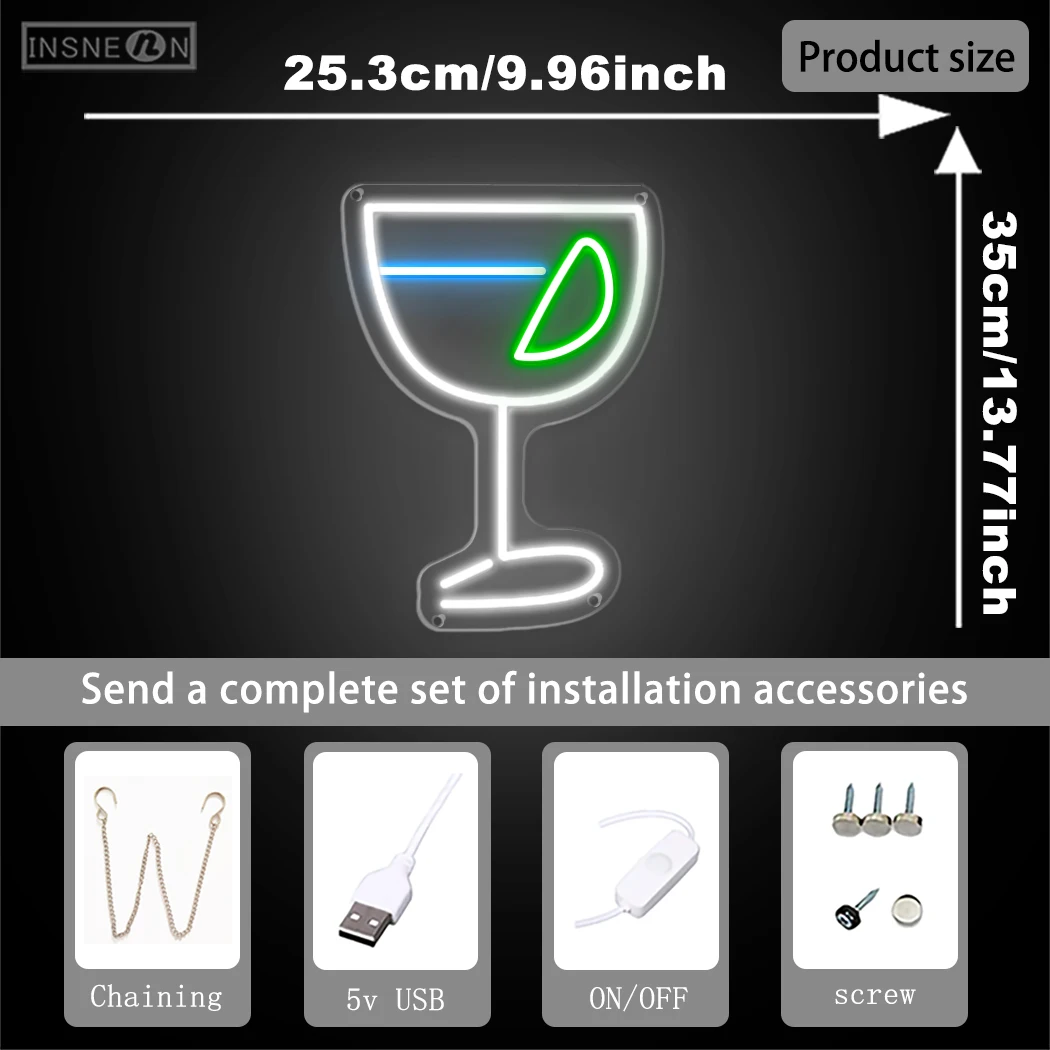 Cocktail Glass Neon Sign LED Wall Light USB Switch Control Multipurpose Hanging Decor for Bar Party Coffee Beverage Store Decor