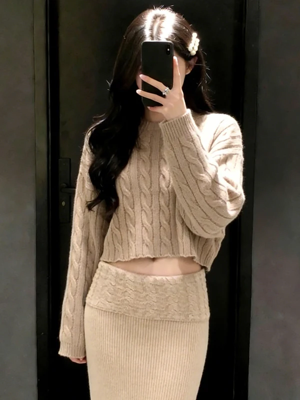 

Комплект из двух предметов: вязаный свитер с длинным рукавом и юбка миди в стиле кэжуал для женщин, весенний, теплый, дышащий, комфортный