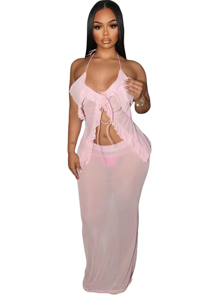 Costume da bagno Gonna Cover-up Set da 2 pezzi Top corto da donna e gonna lunga Costume da bagno Moda Solid Hollow Sexy Beach Cover Up Outfits