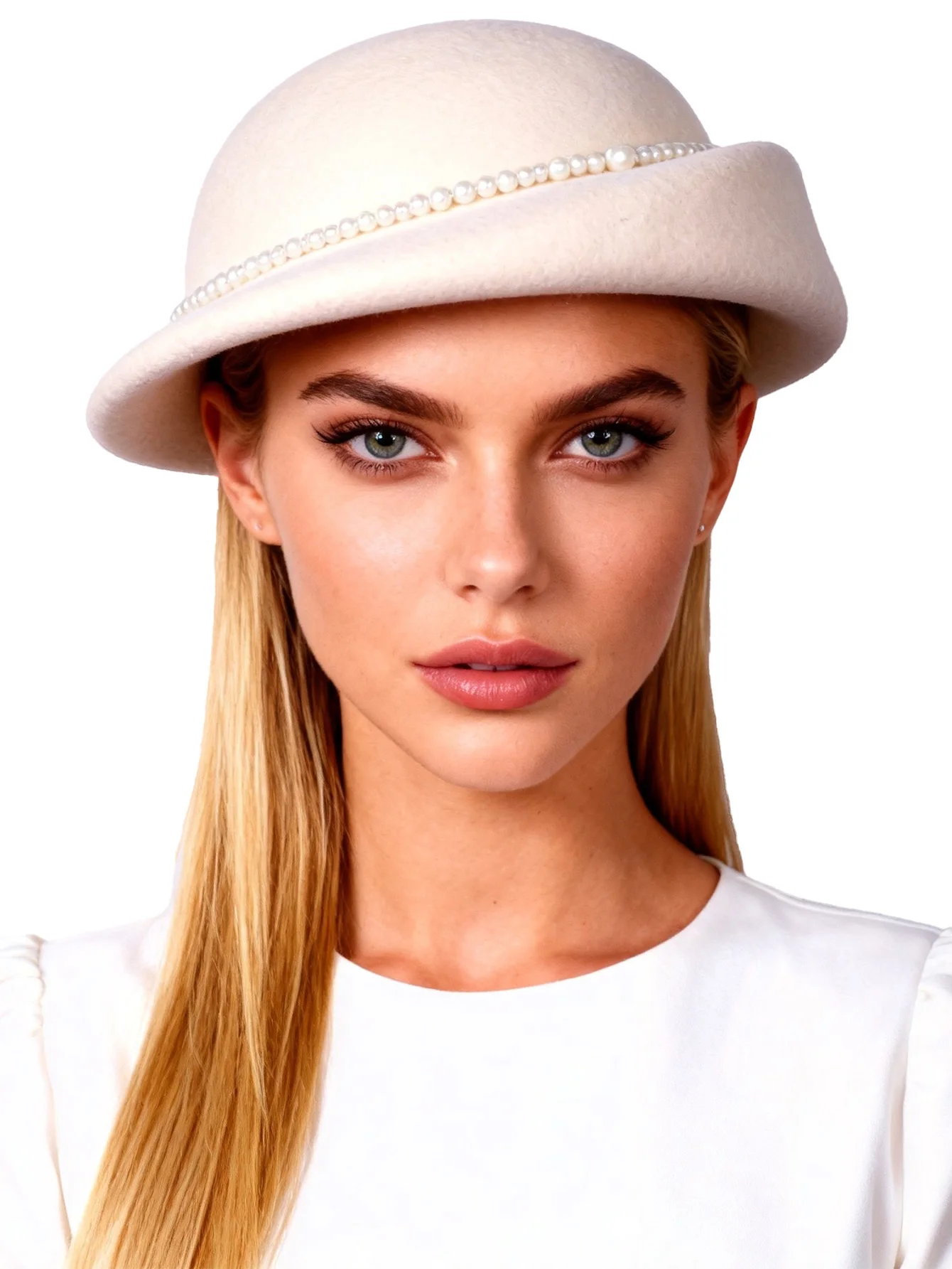 FS Weiße Vintage-Luxus-Baskenmütze für Damen, Zylinder aus Wollfilz, Fedora, elegante Kirchenmütze mit Kunstperlen für Hochzeitszeremonie
