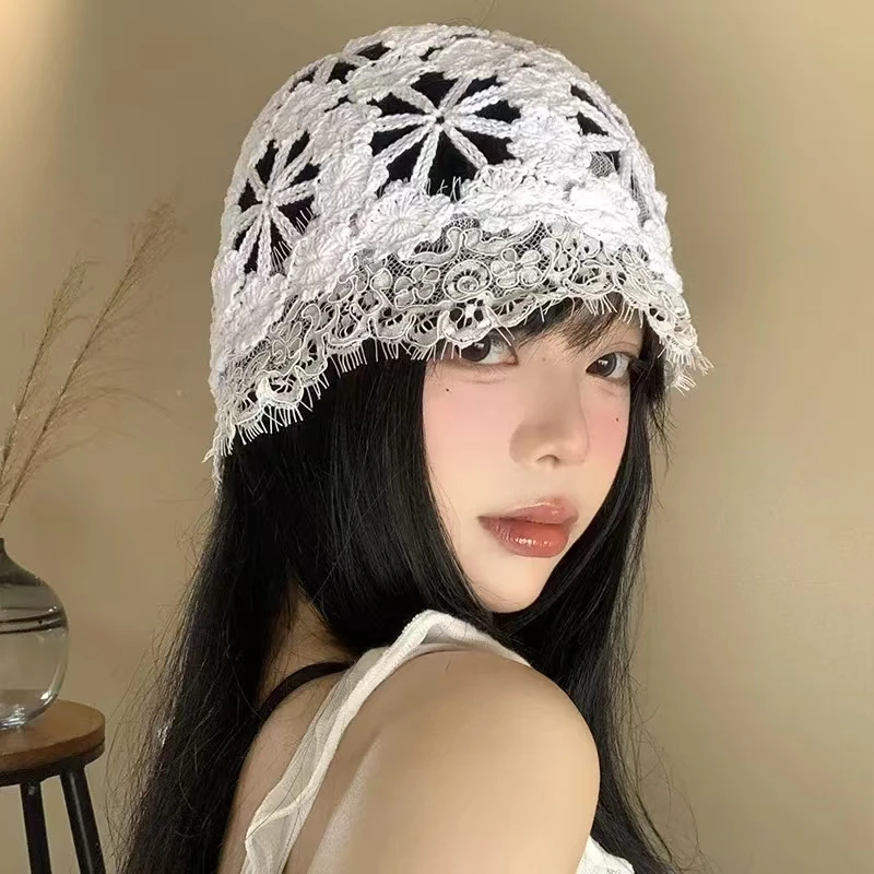 

Knitted Crochet Hollow Skullies Hat For Women Spring Summer Thin Knitted Pullover Hat Lady Outdoor Travel Sun Cap Headbands Hats