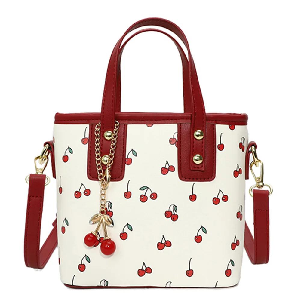 

Women PU Cherry Shoulder Bag Adjustable Strap Trendy Commuting Bag with Cherry Pendant Simple Messenger Bag Casual Satchel Bag