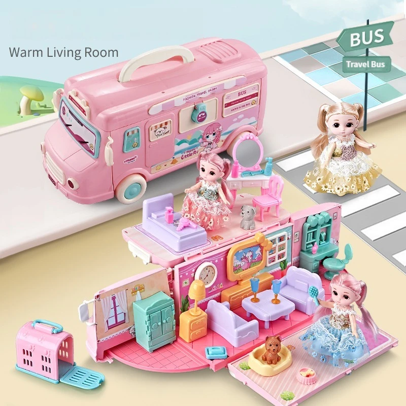 Dollhouse Portable Princess Set Storage DIY Camper Bus Car Toy Kit Travel Dream Houses Girl Exquisite Castle Children's Gifts