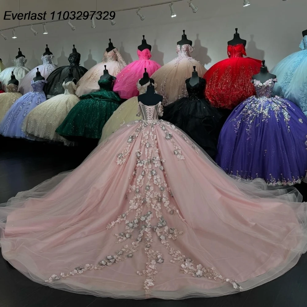 EVLAST Customized Pink Quinceanera Dress Ball Gown 3D Floral Applique Beads Mexico Corset Sweet 16 Vestido De 15 Anos QD1047