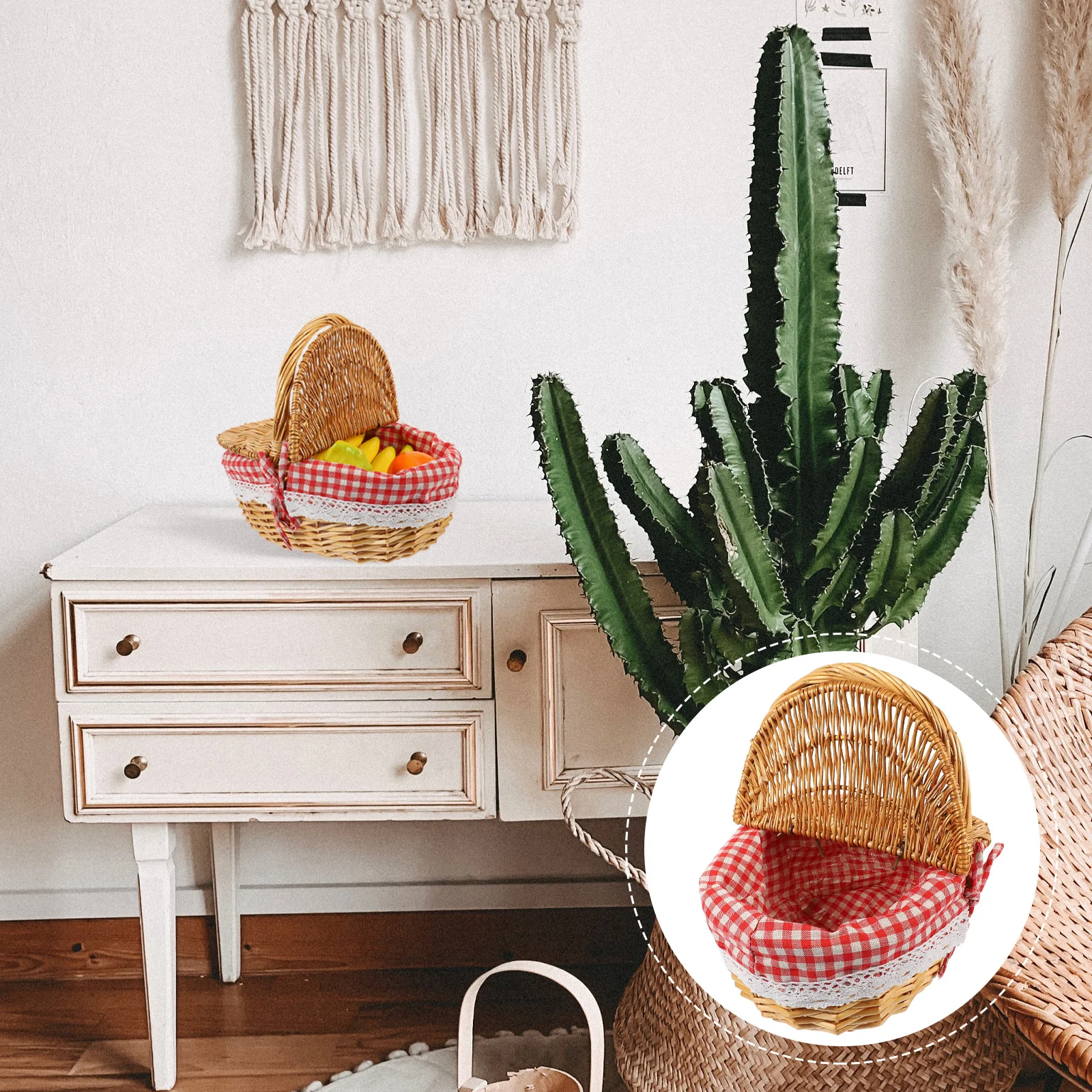 

1pc Vintage Wicker Picnic Basket Handmade Red Check Fabric 35x25x17cm Portable Storage ganizer Outdoor Fruit for Picnic