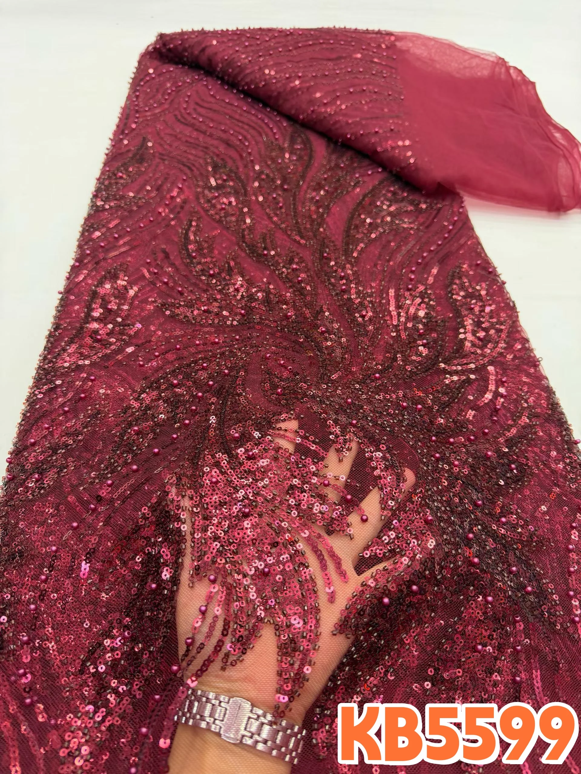 

Red Beaded Lace Fabrics 5 Yards Fabric For Wedding Party Dress Sewing Elegant Party Dresses Gold Sequins Tulle Lace Mesh KB5599