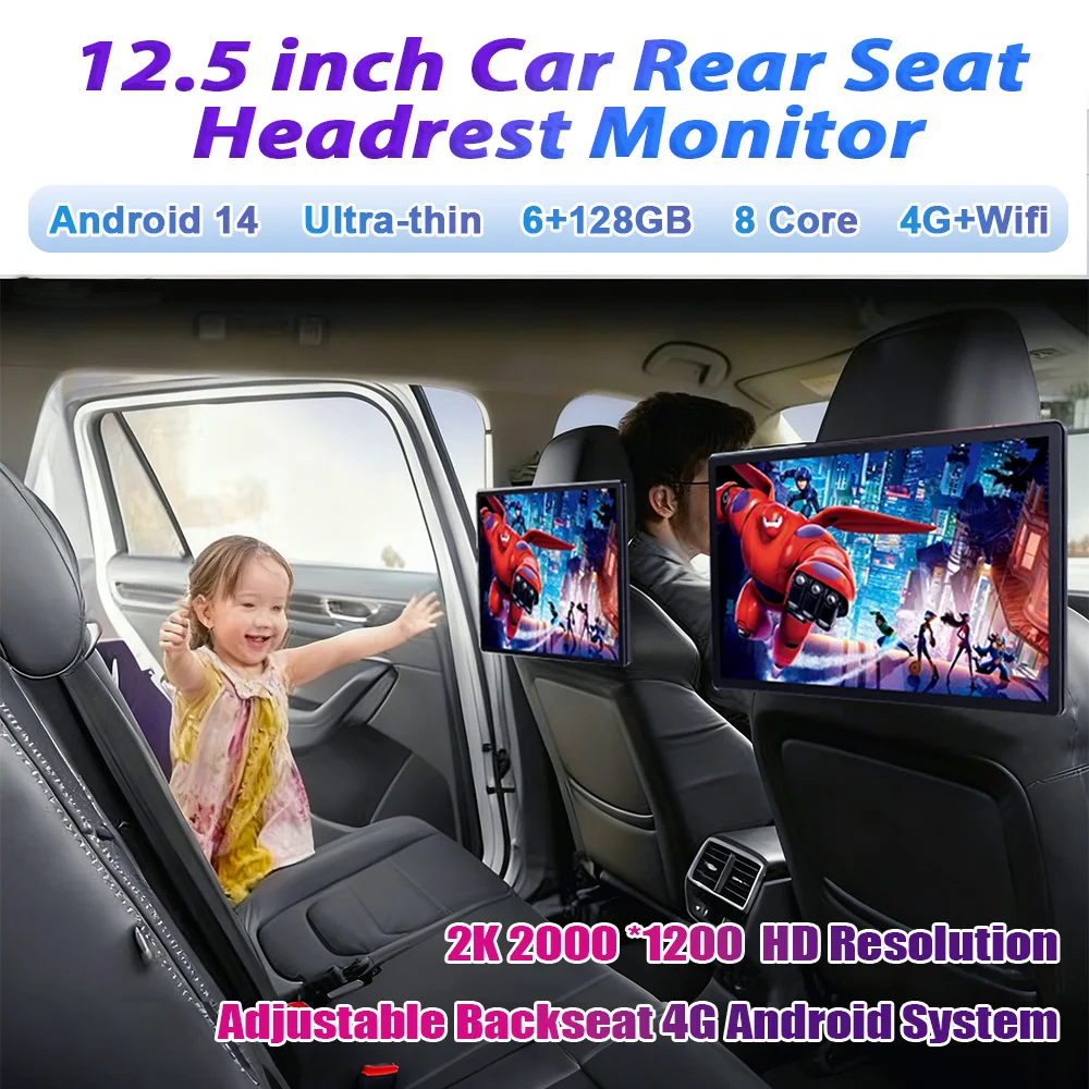12.5 Inch Rear Seat Headrest Monitor Ultra-thin 2K Touch Screen Android 14 4G Multimedia System with HDMI Video Entertainment